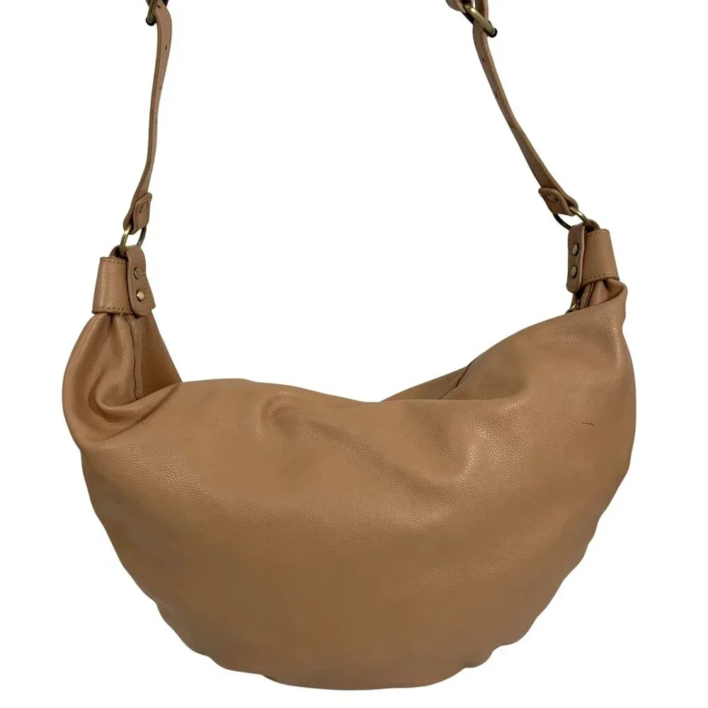 ANTHROPOLOGIE Womens Camel Tan Faux Leather Crescent Crossbody Slouchy Purse